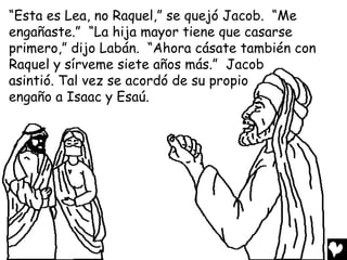 “Esta es Lea, no Raquel,” se quejó Jacob. “Me
engañaste.” “La hija mayor tiene que casarse
primero,” dijo Labán. “Ahora cásate también con
Raquel y sírveme siete años más.” Jacob
asintió. Tal vez se acordó de su propio
engaño a Isaac y Esaú.
 