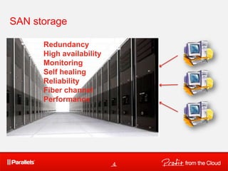 SAN storage

      Redundancy
      High availability
      Monitoring
      Self healing
      Reliability
      Fiber channel
      Performance




                          4
 