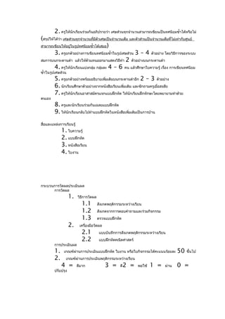 2. ครูให้นักเรียนร่วมกันอภิปรายว่า เศษส่วนทุกจำานวนสามารถเขียนเป็นทศนิยมซำ้าได้หรือไม่
(สรุปให้ได้วา เศษส่วนทุกจำานวนที่มีตัวเศษเป็นจำานวนเต็ม และตัวส่วนเป็นจำานวนเต็มทีไม่เท่ากับศูนย์
            ่                                                                     ่
สามารถเขียนให้อยูในรูปทศนิยมซำ้าได้เสมอ)
                  ่
        3. ครูยกตัวอย่างการเขียนทศนิยมซำ้าในรูปเศษส่วน 3 – 4 ตัวอย่าง โดยวิธการของระบบ
                                                                                    ี
สมการบนกระดานดำา แล้วให้ตัวแทนออกมาแสดงวิธีทำา 2 ตัวอย่างบนกระดานดำา
        4. ครูให้นักเรียนแบ่งกลุ่ม กลุ่มละ 4 – 6 คน แล้วศึกษาใบความรู้ เรื่อง การเขียนทศนิยม
ซำ้าในรูปเศษส่วน
         5. ครูยกตัวอย่างพร้อมอธิบายเพิ่มเติมบนกระดานดำาอีก 2 – 3 ตัวอย่าง
         6. นักเรียนศึกษาตัวอย่างจากหนังสือเรียนเพิ่มเติม และซักถามครูเมื่อสงสัย
         7. ครูให้นักเรียนอาสาสมัครแจกแบบฝึกหัด ให้นกเรียนฝึกทักษะโดยพยายามทำาด้วย
                                                        ั
ตนเอง
         8. ครูและนักเรียนร่วมกันเฉลยแบบฝึกหัด
         9. ให้นักเรียนกลับไปทำาแบบฝึกหัดในหนังสือเพิ่มเติมเป็นการบ้าน
สื่อและแหล่งการเรียนรู้
              1. ใบความรู้
              2. แบบฝึกหัด
              3. หนังสือเรียน
              4. ใบงาน




กระบวนการวัดผลประเมินผล
      การวัดผล
                    1.    วิธีการวัดผล
                            1.1          สังเกตพฤติกรรมระหว่างเรียน
                            1.2          สังเกตจากการตอบคำาถามและร่วมกิจกรรม
                            1.3          ตรวจแบบฝึกหัด
                    2.     เครื่องมือวัดผล
                            2.1           แบบบันทึกการสังเกตพฤติกรรมระหว่างเรียน
                            2.2           แบบฝึกหัดคณิตศาสตร์
         การประเมินผล
         1.    เกณฑ์ผ่านการประเมินแบบฝึกหัด ใบงาน หรือใบกิจกรรมได้คะแนนร้อยละ         50   ขึ้นไป
         2.     เกณฑ์ผ่านการประเมินพฤติกรรมระหว่างเรียน
              4 =         ดีมาก              3 =      ดี   2 =   พอใช้   1 =   ผ่าน   0 =
         ปรับปรุง
 