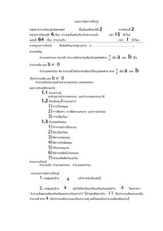 แผนการจัดการเรียนรู้

กลุ่มสาระการเรียนรู้คณิตศาสตร์                    ชั้นมัธยมศึกษาปีที่   2             ภาคเรียนที่     2
หน่วยการเรียนรู้ที่    6 เรื่อง   ความรู้เบื้องต้นเกี่ยวกับจำานวนจริง       เวลา   15     ชั่วโมง
แผนที่   64      เรื่อง จำานวนจริง                                                    เวลา    1       ชั่วโมง

มาตรฐานการเรียนรู้            สัมพันธ์กับมาตรฐานสาระ ค ………………………………………                                 .
สาระสำาคัญ

         จำานวนตรรกยะ หมายถึง จำานวนที่สามารถเขียนในรูปเศษส่วน
                                                                            a
                                                                            b
                                                                              เมื่อ   a   และ     b เป็น
จำานวนเต็ม และ   b≠ 0
         จำานวนอตรรกยะ คือ จำานวนที่ไม่สามารถเขียนได้ในรูปเศษส่วน ส่วน
                                                                                    a
                                                                                    b
                                                                                      เมื่อ   a    และ     b
เป็นจำานวนเต็ม และ     b≠ 0
      จำานวนจริงประกอบด้วยจำานวนตรรกยะ และอตรรกยะ

ผลการเรียนรู้ที่คาดหวัง
           1.1 ด้านความรู้
                  ยกตัวอย่างจำานวนตรรกยะ และจำานวนอตรรกยะได้
           1.2 ด้านทักษะ/กระบวนการ
              1) การให้เหตุผล
              2) การสื่อสาร การสื่อความหมาย                และการนำาเสนอ
              3) การเชื่อมโยง
           1.3 ด้านคุณลักษณะ
              1) ทำางานอย่างเป็นระบบ
              2) มีระเบียบวินัย
              3) มีความรอบคอบ
              4) มีความรับผิดชอบ
              5) มีวิจารณญาณ
              6) มีความเชื่อมั่นในตนเอง
              7) ช่วยเหลือซึ่งกันและกัน
สาระการเรียนรู้
       จำานวนจริง จำานวนตรรกยะ จำานวนอตรรกยะ


 กระบวนการจัดการเรียนรู้
         1. ครูชูแผ่นป้าย               4        แล้วถามนักเรียนดังนี้


         2. ครูชูแผ่นป้าย           4       แล้วให้นักเรียนเปรียบเทียบกับแผ่นป้าย         4       โดยถามว่า
                                                       (
“จำานวนทั้งสองเหมือนกันหรือแตกต่างกันอย่างไร” คำาตอบคือต่างกัน –            11     เป็นจำานวนเต็มลบและเป็น
จำานวนคี่ ส่วน   4    เป็นจำานวนเต็มบวกและเป็นจำานวนคู่ แต่ทั้งสองเป็นจำานวนเต็มเหมือนกัน         )
 