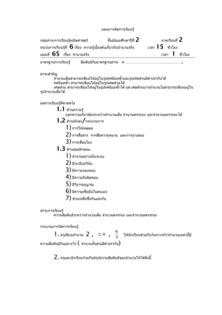 แผนการจัดการเรียนรู้

กลุ่มสาระการเรียนรู้คณิตศาสตร์                   ชั้นมัธยมศึกษาปีที่   2            ภาคเรียนที่    2
หน่วยการเรียนรู้ที่   6 เรื่อง   ความรู้เบื้องต้นเกี่ยวกับจำานวนจริง        เวลา   15    ชั่วโมง
แผนที่   65     เรื่อง จำานวนจริง                                                   เวลา    1      ชั่วโมง

มาตรฐานการเรียนรู้           สัมพันธ์กับมาตรฐานสาระ ค ………………………………………                               .
สาระสำาคัญ
        จำานวนเต็มสามารถเขียนให้อยูในรูปทศนิยมซำ้าและรูปเศษส่วนมีค่าเท่ากันได้
                                   ่
        ทศนิยมซำ้า สามารถเขียนให้อยู่ในรูปเศษส่วนได้
        เศษส่วน สามารถเขียนให้อยู่ในรูปทศนิยมซำ้าได้ แต่ เศษส่วนบางจำานวนไม่สามารถเขียนอยู่ใน
รูปจำานวนเต็มได้


ผลการเรียนรู้ที่คาดหวัง
           1.1 ด้านความรู้
                 บอกความเกี่ยวข้องระหว่างจำานวนเต็ม จำานวนตรรกยะ และจำานวนอตรรกยะได้
           1.2 ด้านทักษะ/กระบวนการ
              1) การให้เหตุผล
              2) การสื่อสาร การสื่อความหมาย               และการนำาเสนอ
              3) การเชื่อมโยง
           1.3 ด้านคุณลักษณะ
              1) ทำางานอย่างเป็นระบบ
              2) มีระเบียบวินัย
              3) มีความรอบคอบ
              4) มีความรับผิดชอบ
              5) มีวิจารณญาณ
              6) มีความเชื่อมั่นในตนเอง
              7) ช่วยเหลือซึ่งกันและกัน
สาระการเรียนรู้
       ความสัมพันธ์ระหว่างจำานวนเต็ม จำานวนตรรกยะ และจำานวนอตรรกยะ


กระบวนการจัดการเรียนรู้
                                                      6
       1. ครูเขียนจำานวน 2 , 2 . 0 , 3
                                                            ให้นกเรียนช่วยกันวิเคราะห์ว่าจำานวนเหล่านี้มี
                                                                ั

ความสัมพันธ์กันอย่างไร ( จำานวนทั้งสามมีค่าเท่ากัน)


         2. ครูและนักเรียนร่วมกันสรุปความสัมพันธ์ของจำานวนให้ได้ดังนี้
 