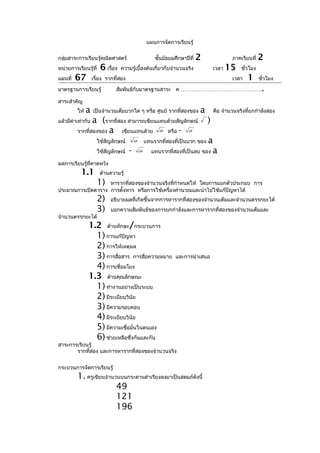 แผนการจัดการเรียนรู้

กลุ่มสาระการเรียนรู้คณิตศาสตร์                        ชั้นมัธยมศึกษาปีที่   2               ภาคเรียนที่   2
หน่วยการเรียนรู้ที่    6 เรื่อง   ความรู้เบื้องต้นเกี่ยวกับจำานวนจริง               เวลา   15   ชั่วโมง
แผนที่   67        เรื่อง รากที่สอง                                                         เวลา   1      ชั่วโมง

มาตรฐานการเรียนรู้            สัมพันธ์กับมาตรฐานสาระ ค ………………………………………                                     .
สาระสำาคัญ
         ให้   a   เป็นจำานวนเต็มบวกใด ๆ หรือ ศูนย์ รากที่สองของ            a       คือ จำานวนจริงที่ยกกำาลังสอง
แล้วมีค่าเท่ากับa (รากที่สอง สามารถเขียนแทนด้วยสัญลักษณ์                        )
         รากที่สองของ a    เขียนแทนด้วย a หรือ - a
                      ใช้สัญลักษณ์        a       แทนรากที่สองที่เป็นบวก ของ a
                      ใช้สัญลักษณ์    -       a      แทนรากที่สองที่เป็นลบ ของ a

ผลการเรียนรู้ที่คาดหวัง
           1.1         ด้านความรู้
                      1)
                   หารากที่สองของจำานวนจริงทีกำาหนดให้ โดยการแยกตัวประกอบ การ
                                              ่
ประมาณการเปิดตาราง การตั้งหาร หรือการใช้เครื่องคำานวณและนำาไปใช้แก้ปัญหาได้
                      2)   อธิบายผลที่เกิดขึ้นจากการหารากที่สองของจำานวนเต็มและจำานวนตรรกยะได้
                      3)   บอกความสัมพันธ์ของการยกกำาลังและการหารากที่สองของจำานวนเต็มและ
จำานวนตรรกยะได้
               1.2 ด้านทักษะ/กระบวนการ
                 1) การแก้ปัญหา
                 2) การให้เหตุผล
                 3) การสื่อสาร การสื่อความหมาย                  และการนำาเสนอ
                 4) การเชื่อมโยง
               1.3 ด้านคุณลักษณะ
                 1) ทำางานอย่างเป็นระบบ
                 2) มีระเบียบวินัย
                 3) มีความรอบคอบ
                 4) มีระเบียบวินัย
                 5) มีความเชื่อมั่นในตนเอง
                 6) ช่วยเหลือซึ่งกันและกัน
สาระการเรียนรู้
       รากที่สอง และการหารากที่สองของจำานวนจริง


กระบวนการจัดการเรียนรู้
         1. ครูเขียนจำานวนบนกระดานดำาเรียงลงมาเป็นสดมภ์ดังนี้
                         49
                         121
                         196
 