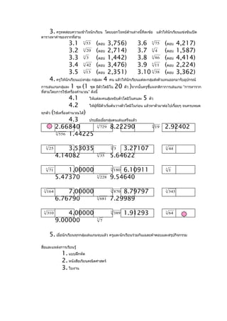 3. ครูทดสอบความเข้าใจนักเรียน          โดยบอกโจทย์ดานล่างนี้ทีละข้อ แล้วให้นักเรียนแข่งขันเปิด
                                                            ้
ตารางหาค่าของรากที่สาม
                     3.1     3
                                   (ตอบ 3,756)
                                  53                       3.6 75 (ตอบ 4,217)
                                                                            3


                     3.2   20 (ตอบ 2,714)
                              3
                                                           3.7 3 4 (ตอบ 1,587)
                     3.3   3  3
                                   (ตอบ 1,442)             3.8 86 (ตอบ 4,414)
                                                                            3


                     3.4 3
                           42 (ตอบ 3,476)                  3.9 3 11 (ตอบ 2,224)
                     3.5   13 (ตอบ 2,351)
                              3
                                                           3.10 38 (ตอบ 3,362)
                                                                            3


    4. ครูให้นักเรียนแบ่งกลุ่ม กลุ่มละ 4 คน แล้วให้นักเรียนแต่ละกลุ่มส่งตัวแทนออกมารับอุปกรณ์
การเล่นเกมกลุ่มละ 1 ชุด (1 ชุด มีตัวโดมิโน 20 ตัว )จากนั้นครูชี้แจงกติกาการเล่นเกม “การหาราก
ที่สามโดยการใช้เครื่องคำานวณ” ดังนี้
                     4.1           ให้แต่ละคนสุ่มหยิบตัวโดมิโนคนละ    5   ตัว
                     4.2           ให้ผู้ที่มีตัวเริ่มต้นวางตัวโดมิโนก่อน แล้วหาตัวมาต่อไปเรื่อยๆ จนครบหมด
          (
ทุกตัว ใช้เครืองคำานวณได้
              ่               )
                   4.3   ปรบมือเมื่อกลุ่มตนเล่นเสร็จแล้ว
              2.66840          729 8.22290
                                       3                                    3
                                                                                19   2.92402
              3
               556 1.44225


     3
         25       3.53035                          3
                                                      3.27107
                                                       3                             3
                                                                                         44
              4.14082                  3
                                           35     5.64622

     3
         71       1.00000                          3
                                                      6.10911
                                                       180                           3
                                                                                         1
              5.47370                  3
                                           228    9.54640
 3
     164          7.00000                          3
                                                      8.79797
                                                       870                           3
                                                                                         343

              6.76790                  3
                                           681    7.29989
 3
     310          4.00000                          3
                                                       389   1.91293                 3
                                                                                         64

              9.00000                  3
                                           7


         5. เมื่อนักเรียนทุกกลุ่มเล่นเกมจบแล้ว ครูและนักเรียนร่วมกันเฉลยคำาตอบและสรุปกิจกรรม
สื่อและแหล่งการเรียนรู้
                  1. แบบฝึกหัด
                  2. หนังสือเรียนคณิตศาสตร์
                  3. ใบงาน
 
