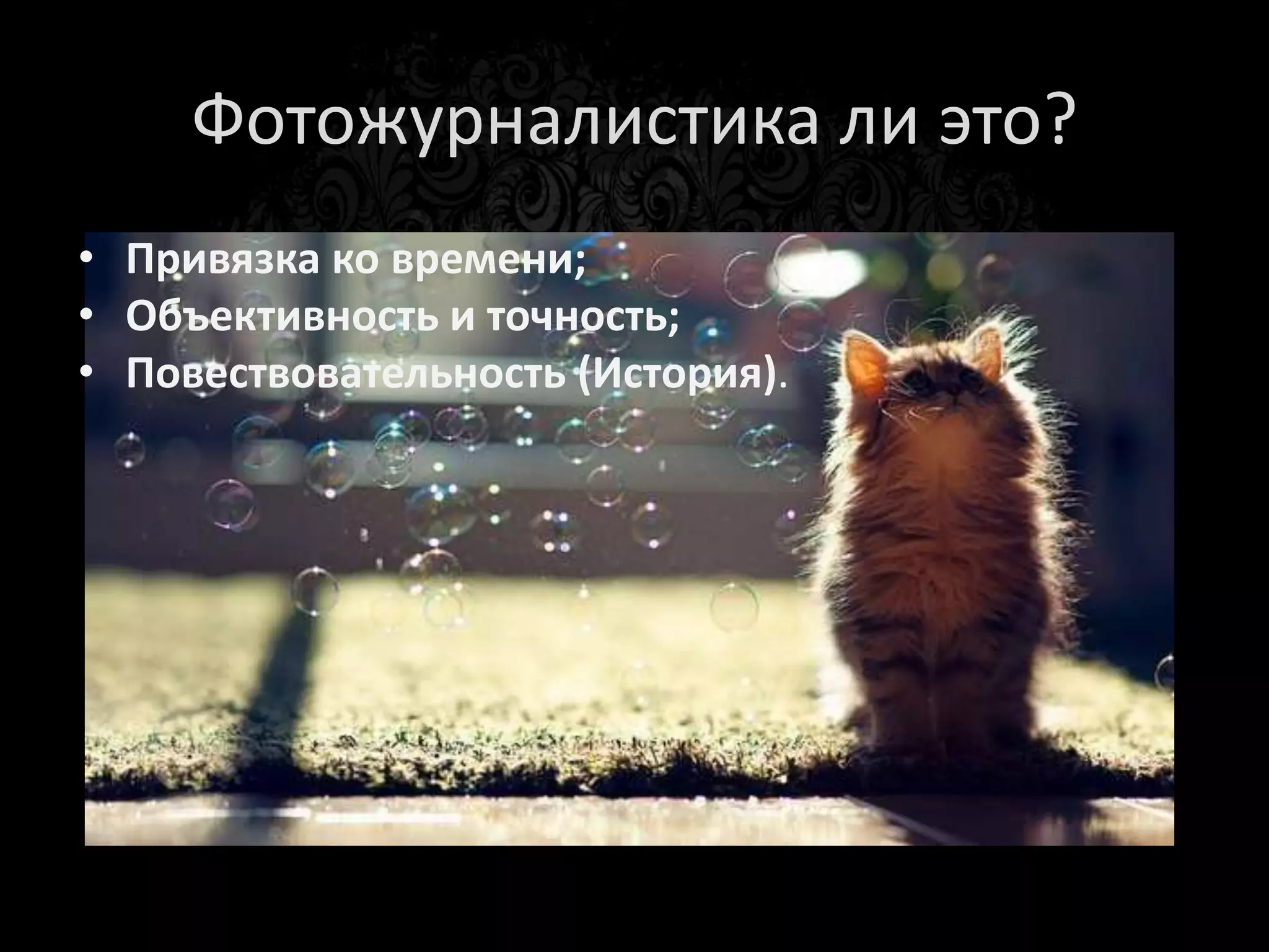 Фотожурналистика ли это?
• Привязка ко времени;
• Объективность и точность;
• Повествовательность (История).
 