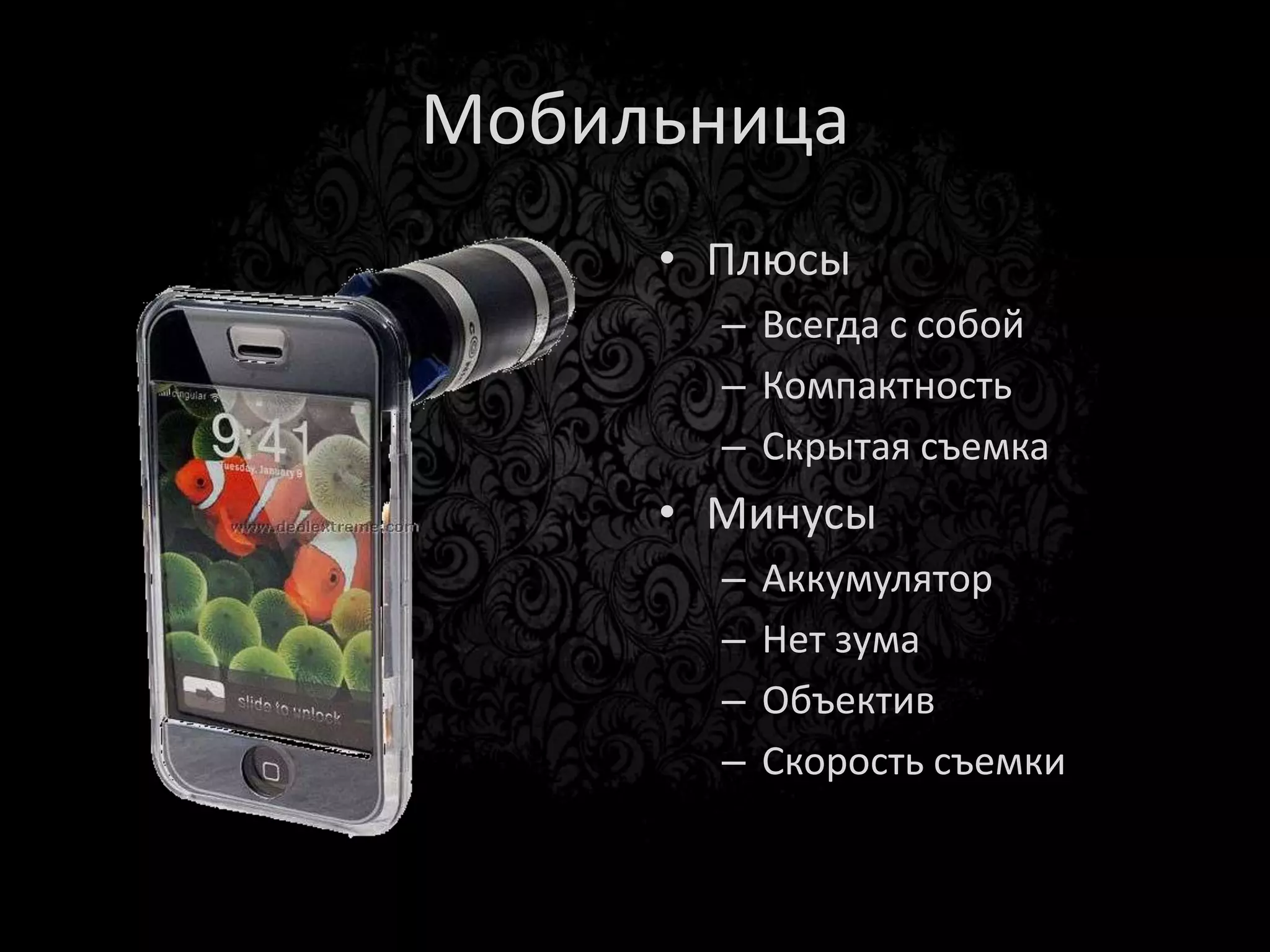 Зеркалка
    • Плюсы
      – Солидность
      – Глубина резкости
    • Минусы
      – Размеры
      – Вес
 