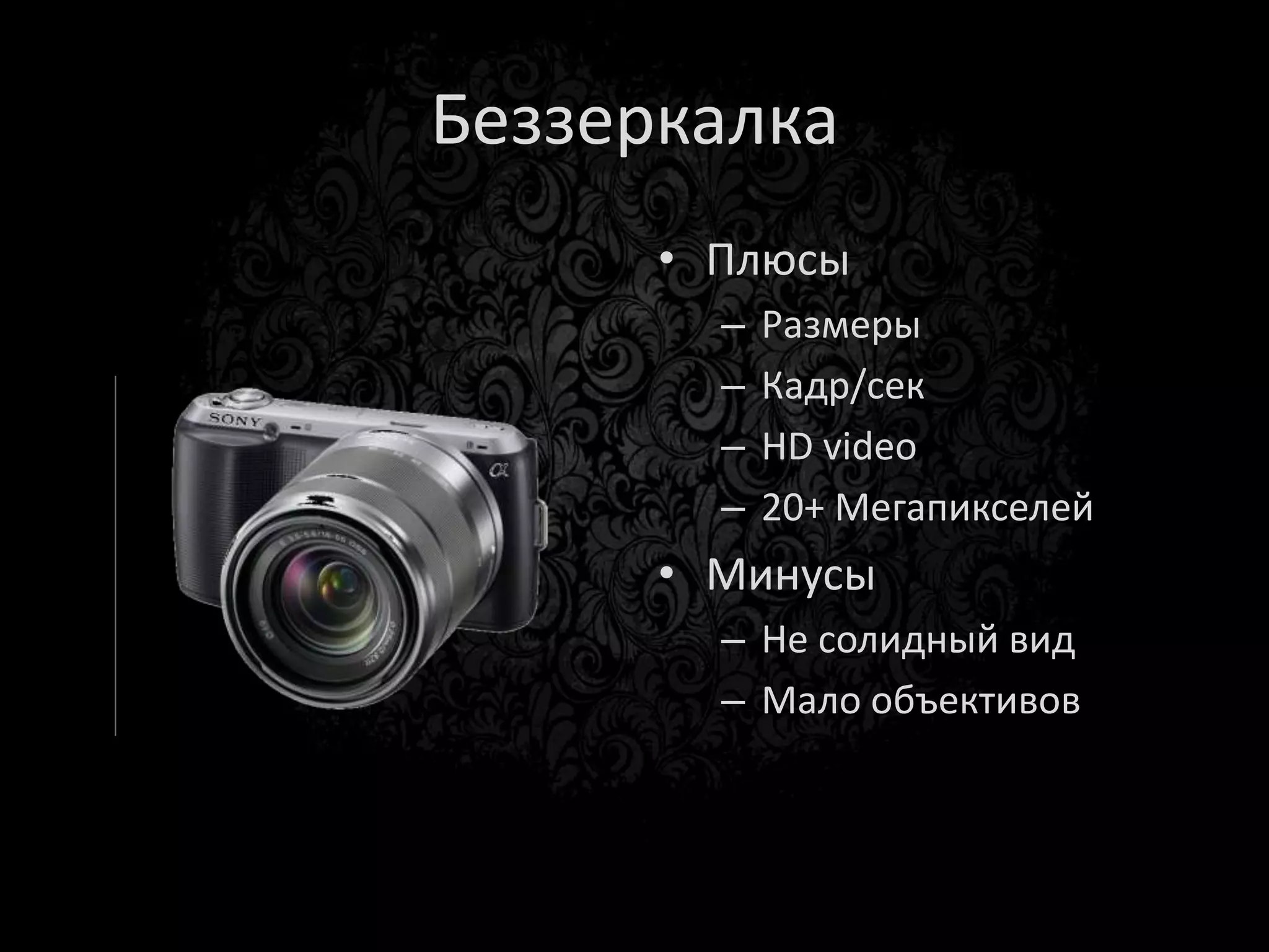 Мой фотоаппарат
NIKON D5100
Любимый режим: - Р, A
Оптика: Tamron 18-200 mm
Отсек под батарейки

Плюсы
HDR
Time-lapse
LCD трансформер

Минусы
Настройки в видео режиме
 