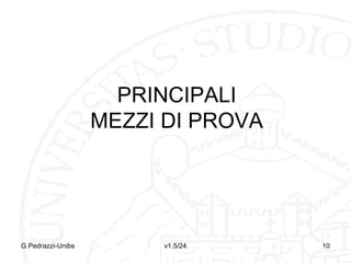 PROVE
Nozione: strumenti attraverso i quali si
forma il convincimento del giudice
Oggetto: circostanze di fatto dedotte dalle
parti a fondamento delle proprie azioni o
eccezioni
Principio dispositivo:
Spetta alle parti il compito di produrle, il
giudice nel processo civile non ha l’obbligo
di ricercarle attivamente
G.Pedrazzi-Unibs

v1.6/32

10

 
