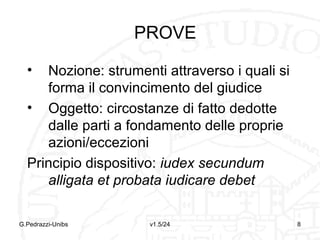 L’ONERE DELLA PROVA
Fatti alla base di azione o
eccezione devono essere
provati dalla persona che
agisce o eccepisce

G.Pedrazzi-Unibs

v1.6/32

8

 