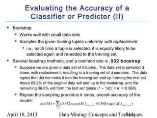 Evaluating the Accuracy of a
              Classifier or Predictor (II)
   Bootstrap
       Works well with small data sets
       Samples the given training tuples uniformly with replacement
         
             i.e., each time a tuple is selected, it is equally likely to be
             selected again and re-added to the training set
   Several boostrap methods, and a common one is .632 boostrap
       Suppose we are given a data set of d tuples. The data set is sampled d
        times, with replacement, resulting in a training set of d samples. The data
        tuples that did not make it into the training set end up forming the test set.
        About 63.2% of the original data will end up in the bootstrap, and the
        remaining 36.8% will form the test set (since (1 – 1/d)d ≈ e-1 = 0.368)
       Repeat the sampling procedue k times, overall accuracy of the
        model:            k
                    acc( M ) = ∑ (0.632 × acc( M i ) test _ set +0.368 × acc( M i ) train _ set )
                                 i =1


April 18, 2013                      Data Mining: Concepts and Techniques
                                                                 114
 