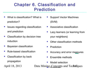 Chapter 6. Classification and
                   Prediction
   What is classification? What is       Support Vector Machines
    prediction?                            (SVM)
   Issues regarding classification       Associative classification
    and prediction                        Lazy learners (or learning from
   Classification by decision tree        your neighbors)
    induction                             Other classification methods
   Bayesian classification               Prediction
   Rule-based classification             Accuracy and error measures
   Classification by back                Ensemble methods
    propagation                           Model selection
April 18, 2013                Data Mining: Concepts and Techniques
                                       
                                                           115
 