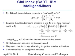 Gini index (CART, IBM
                     IntelligentMiner)
   Ex. D has 9 tuples in buys_computer = “yes” and 5 in “no”
                                                     2       2
                                                 9 5
                               gini ( D) = 1 −   −   = 0.459
                                                14   14 
   Suppose the attribute income partitions D into 10 in D1: {low, medium}
                                                           10            4
    and 4 in D2           giniincome∈{low,medium} ( D ) =  Gini ( D1 ) +  Gini ( D1 )
                                                        14            14 




     but gini{medium,high} is 0.30 and thus the best since it is the lowest
   All attributes are assumed continuous-valued
   May need other tools, e.g., clustering, to get the possible split values
   Can be modified for categorical attributes

April 18, 2013                   Data Mining: Concepts and Techniques
                                                              21
 