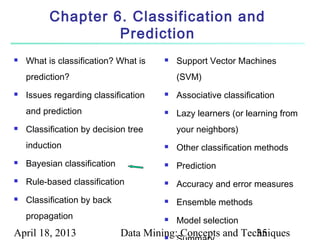 Chapter 6. Classification and
                   Prediction
   What is classification? What is       Support Vector Machines
    prediction?                            (SVM)
   Issues regarding classification       Associative classification
    and prediction                        Lazy learners (or learning from
   Classification by decision tree        your neighbors)
    induction                             Other classification methods
   Bayesian classification               Prediction
   Rule-based classification             Accuracy and error measures
   Classification by back                Ensemble methods
    propagation                           Model selection
April 18, 2013                Data Mining: Concepts and Techniques
                                       
                                                           35
 