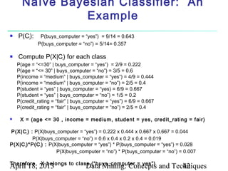 Naïve Bayesian Classifier: An
                Example
   P(Ci):    P(buys_computer = “yes”) = 9/14 = 0.643
             P(buys_computer = “no”) = 5/14= 0.357

   Compute P(X|Ci) for each class
    P(age = “<=30” | buys_computer = “yes”) = 2/9 = 0.222
    P(age = “<= 30” | buys_computer = “no”) = 3/5 = 0.6
    P(income = “medium” | buys_computer = “yes”) = 4/9 = 0.444
    P(income = “medium” | buys_computer = “no”) = 2/5 = 0.4
    P(student = “yes” | buys_computer = “yes) = 6/9 = 0.667
    P(student = “yes” | buys_computer = “no”) = 1/5 = 0.2
    P(credit_rating = “fair” | buys_computer = “yes”) = 6/9 = 0.667
    P(credit_rating = “fair” | buys_computer = “no”) = 2/5 = 0.4

    X = (age <= 30 , income = medium, student = yes, credit_rating = fair)

P(X|C i ) : P(X|buys_computer = “yes”) = 0.222 x 0.444 x 0.667 x 0.667 = 0.044
           P(X|buys_computer = “no”) = 0.6 x 0.4 x 0.2 x 0.4 = 0.019
P(X|C i )*P(C i ) : P(X|buys_computer = “yes”) * P(buys_computer = “yes”) = 0.028
                       P(X|buys_computer = “no”) * P(buys_computer = “no”) = 0.007

Therefore, X belongs to class (“buys_computer = yes”)
April 18, 2013                     Data Mining: Concepts and Techniques
                                                                42
 