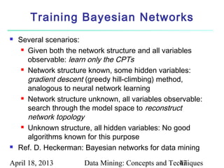 Training Bayesian Networks
   Several scenarios:
      Given both the network structure and all variables

       observable: learn only the CPTs
      Network structure known, some hidden variables:

       gradient descent (greedy hill-climbing) method,
       analogous to neural network learning
      Network structure unknown, all variables observable:

       search through the model space to reconstruct
       network topology
      Unknown structure, all hidden variables: No good

       algorithms known for this purpose
   Ref. D. Heckerman: Bayesian networks for data mining

April 18, 2013         Data Mining: Concepts and Techniques
                                                    47
 