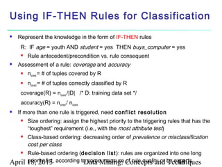 Using IF-THEN Rules for Classification
   Represent the knowledge in the form of IF-THEN rules
     R: IF age = youth AND student = yes THEN buys_computer = yes
        Rule antecedent/precondition vs. rule consequent
   Assessment of a rule: coverage and accuracy
        ncovers = # of tuples covered by R
        ncorrect = # of tuples correctly classified by R
     coverage(R) = ncovers /|D| /* D: training data set */
     accuracy(R) = ncorrect / ncovers
   If more than one rule is triggered, need conflict resolution
        Size ordering: assign the highest priority to the triggering rules that has the
         “toughest” requirement (i.e., with the most attribute test)
        Class-based ordering: decreasing order of prevalence or misclassification
         cost per class
        Rule-based ordering (decision list): rules are organized into one long
April    18, 2013 according to some measure Concepts and by experts
         priority list,        Data Mining: of rule quality or Techniques
                                                                      49
 
