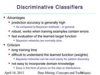Discriminative Classifiers
   Advantages
      prediction accuracy is generally high

         
             As compared to Bayesian methods – in general
       robust, works when training examples contain errors
       fast evaluation of the learned target function
         
             Bayesian networks are normally slow
   Criticism
      long training time

      difficult to understand the learned function (weights)

         
             Bayesian networks can be used easily for pattern discovery
       not easy to incorporate domain knowledge
         
             Easy in the form of priors on the data or distributions
April 18, 2013                 Data Mining: Concepts and Techniques
                                                            56
 