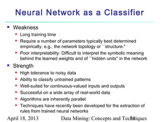 Neural Network as a Classifier
   Weakness
       Long training time
       Require a number of parameters typically best determined
        empirically, e.g., the network topology or ``structure."
       Poor interpretability: Difficult to interpret the symbolic meaning
        behind the learned weights and of ``hidden units" in the network
   Strength
       High tolerance to noisy data
       Ability to classify untrained patterns
       Well-suited for continuous-valued inputs and outputs
       Successful on a wide array of real-world data
       Algorithms are inherently parallel
       Techniques have recently been developed for the extraction of
        rules from trained neural networks
April 18, 2013               Data Mining: Concepts and Techniques
                                                          59
 