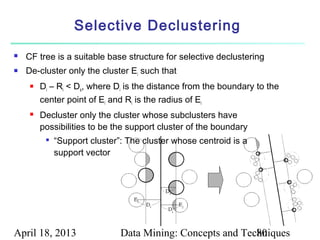 Selective Declustering
   CF tree is a suitable base structure for selective declustering
   De-cluster only the cluster Ei such that
        Di – Ri < Ds, where Di is the distance from the boundary to the
         center point of Ei and Ri is the radius of Ei
        Decluster only the cluster whose subclusters have
         possibilities to be the support cluster of the boundary
          
              “Support cluster”: The cluster whose centroid is a
              support vector




April 18, 2013                 Data Mining: Concepts and Techniques
                                                            80
 
