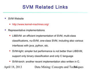 SVM Related Links

   SVM Website

       http://www.kernel-machines.org/

   Representative implementations
       LIBSVM: an efficient implementation of SVM, multi-class
        classifications, nu-SVM, one-class SVM, including also various
        interfaces with java, python, etc.
       SVM-light: simpler but performance is not better than LIBSVM,
        support only binary classification and only C language
       SVM-torch: another recent implementation also written in C.

April 18, 2013              Data Mining: Concepts and Techniques
                                                         84
 