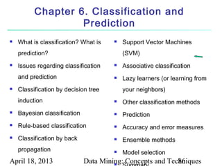 Chapter 6. Classification and
                   Prediction
   What is classification? What is       Support Vector Machines
    prediction?                            (SVM)
   Issues regarding classification       Associative classification
    and prediction                        Lazy learners (or learning from
   Classification by decision tree        your neighbors)
    induction                             Other classification methods
   Bayesian classification               Prediction
   Rule-based classification             Accuracy and error measures
   Classification by back                Ensemble methods
    propagation                           Model selection
April 18, 2013                Data Mining: Concepts and Techniques
                                       
                                                           86
 