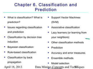 Chapter 6. Classification and
                   Prediction
   What is classification? What is       Support Vector Machines
    prediction?                            (SVM)
   Issues regarding classification       Associative classification
    and prediction                        Lazy learners (or learning from
   Classification by decision tree        your neighbors)
    induction                             Other classification methods
   Bayesian classification               Prediction
   Rule-based classification             Accuracy and error measures
   Classification by back                Ensemble methods
    propagation                           Model selection
April 18, 2013                Data Mining: Concepts and Techniques
                                       
                                                           97
 