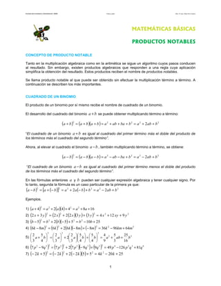 Facultad de Contaduría y Administración. UNAM Productos notables Autor: Dr. José Manuel Becerra Espinosa
1
MATEMÁTICAS BÁSICAS
PRODUCTOS NOTABLES
CONCEPTO DE PRODUCTO NOTABLE
Tanto en la multiplicación algebraica como en la aritmética se sigue un algoritmo cuyos pasos conducen
al resultado. Sin embargo, existen productos algebraicos que responden a una regla cuya aplicación
simplifica la obtención del resultado. Estos productos reciben el nombre de productos notables.
Se llama producto notable al que puede ser obtenido sin efectuar la multiplicación término a término. A
continuación se describen los más importantes.
CUADRADO DE UN BINOMIO
El producto de un binomio por sí mismo recibe el nombre de cuadrado de un binomio.
El desarrollo del cuadrado del binomio ba + se puede obtener multiplicando término a término:
( ) ( )( ) 22222
2 bababbaababababa ++=+++=++=+
“El cuadrado de un binomio ba + es igual al cuadrado del primer término más el doble del producto de
los términos más el cuadrado del segundo término”.
Ahora, al elevar al cuadrado el binomio ba − , también multiplicando término a término, se obtiene:
( ) ( )( ) 22222
2 bababbaababababa +−=+−−=−−=−
“El cuadrado de un binomio ba − es igual al cuadrado del primer término menos el doble del producto
de los términos más el cuadrado del segundo término”.
En las fórmulas anteriores a y b pueden ser cualquier expresión algebraica y tener cualquier signo. Por
lo tanto, segunda la fórmula es un caso particular de la primera ya que:
( ) ( )[ ] ( ) 222222
22 bababbaababa +−=+−+=−+=−
Ejemplos.
1) ( ) ( )( ) 1684424 2222
++=++=+ aaaaa
2) ( ) ( ) ( )( ) ( ) 22222
91243322232 yxyxyyxxyx ++=++=+
3) ( ) ( )( ) 25105525 2222
+−=+−+=− bbbbb
4) ( ) ( ) ( )( ) ( ) 22222
6496368862686 mkmkmmkkmk +−=−+−+=−
5) 22
222
16
25
3
5
9
4
4
5
4
5
3
2
2
3
2
4
5
3
2
bababbaaba ++=





+











+





=





+
6) ( ) ( ) ( )( ) ( ) 6324233222232
81126499972797 qqppqqppqp +−=+−+=−
7) ( ) ( ) ( )( ) 252045522252 2222
+−=+−+−=+− kkkkk
 