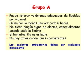 Grupo A
• Puede tolerar volúmenes adecuados de líquidos
por vía oral
• Orina por lo menos una vez cada 6 horas
• No tiene ningún signo de alarma, especialmente
cuando cede la fiebre
• El hematocrito es estable
• No hay otras condiciones coexistentes
Los pacientes ambulatorios deben ser evaluados
diariamente
 