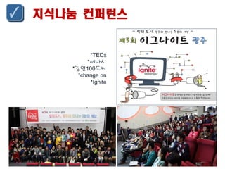 지식나눔 컨퍼런스

*TEDx
*세바시
*강연100도씨
*change on
*Ignite

 