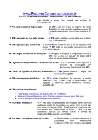 www.ResumosConcursos.hpg.com.br
Resumo: Dicas & Macetes Direito Constitucional – por Desconhecido

não atenda a
inconstitucional.

esses

fins,

poderá

ser

argüida

de

Princípio da reserva de jurisdição -

as CPI’s não tem todos os poderes do Poder
Judiciário, ou seja, há determinados assuntos de
competência exclusiva pela CF dos membros do
PJ.

CPI e apuração de fato determinado -

a CPI pode investigar outros fatos que se ligam
com o fato principal.

CPI e apuração por prazo certo - o prazo máximo fixado em lei é o fim da legislatura em
curso. A CPI pode ser provocada sucessivamente até
o fim da legislatura.
CPI e sigilo profissional do advogado - o advogado é obrigado a comparecer perante a
CPI, mas poderá se escusar de depor sobre
fatos, se alegar sigilo profissional.
Legitimidade em permanecer calado perante a CPI - o STF entende como legítima a
decisão
do
investigado
em
permanecer calado perante a CPI.
Quebra de sigilo fiscal, bancário e telefônico - as CPI’s podem quebrar o
pessoas investigadas.
CPI e interceptação telefônica -

sigilo

das

as CP’Is estão impedidas de autorizar a escuta
telefônica, mas podem fazer o levantamento de
ligações já efetuadas (conta telefônica, números,
duração, etc)

CPI – outros impedimentos
Fazer busca e apreensão de documentos em residência;
Declarar indisponibilidade de bens; Prender qualquer pessoa, salvo flagrante;
Impedir advogados dos investigados nas sessões.
Imunidade processual –

O PR não pode ser processado por infrações penais comuns
praticadas antes da investidura no cargo, nem mesmo por
atos estranhos ao seu ofício. Esta imunidade processual não
é extensiva aos Governadores de Estado. O PR pode ser
processado apenas por crimes comuns e crimes de
responsabilidade durante seu mandato.

Processo contra Governador de Estado -

os Governadores podem ser submetidos a
julgamento
pelas
Assembléias
Legislativas (AL), nas mesmas condições
6

 