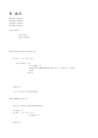 4. 소스
#include <stdio.h>
#include <stdlib.h>
#include <conio.h>
#include <string.h>


struct Node {


             char name;
             Node *link[26];
             };




Node AddTree (Node *A, Node *B) {



     for (int i = 0; i < 26 ; i++) {


         if (A->link[i] == 0) {
                             A -> link[i] = B;
                             printf("%c의 LINK%d에 %c를 삽입 n",A -> name,i,B -> name);
                             break;
                         } else {}



         }



     return *A;


     } // 노드 A 에 노드 B을 링크합니다.



Node AddNode (char A) {



     Node *B = (Node *)malloc(sizeof(Node));


     B->name = A;
     for (int i = 0; i < 26 ; i++) {
                             B->link[i] = 0;
         }


     return *B;
 