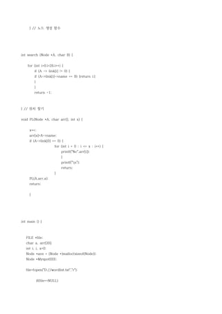 } // 노드 생성 함수




int search (Node *A, char B) {


    for (int i=0;i<26;i++) {
         if (A -> link[i] != 0) {
         if (A->link[i]->name == B) {return i;}
         }
         }
         return -1;



} // 위치 찾기


void PL(Node *A, char arr[], int x) {


     x++;
     arr[x]=A->name;
     if (A->link[0] == 0) {
                        for (int i = 0 ; i <= x ; i++) {
                              printf("%c",arr[i]);
                              }
                              printf("n");
                              return;
                        }
     PL(A,arr,x);
     return;


     }




int main () {



   FILE *file;
   char a, arr[20];
   int i, j, x=0;
   Node *ans = (Node *)malloc(sizeof(Node));
   Node *MyspotEEE;


   file=fopen("D://wordlist.txt","r");


             if(file==NULL)
 