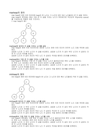 maxheap의 정의
 max heap은 완전 이진 트리이며 heap의 한 노드는 그 노드의 모든 자손 노드들보다 큰 키 값을 가진다.
 max heap의 루트에는 항상 가장 큰 키 값을 가지는 노드가 위치하므로 우선순위 큐(priority queue)
 를 구성하는데 적합한 자료 구조이다.
 < max heap의 예>




maxheap에 임의의 키 값을 가지는 노드를 삽입
  max heap은 완전 이진 트리이므로 새로운 노드는 완전 이진 트리의 마지막 노드 다음 위치에 삽입
  된다.
  삽입된 노드와 그 부모 노드의 키 값을 비교한다. 삽입된 노드의 키 값이 부모 노드의 키 값보다 크
  면 두 노드의 위치를 바꾼다.
  삽입된 노드의 키 값이 자신의 부모 노드 키 값보다 작아질 때까지 2단계를 반복한다.

maxheap에서 가장 큰 키 값을 가지는 노드를 삭제
  max heap의 루트에는 가장 큰 키 값을 가지는 노드가 들어있으므로 루트 노드를 삭제한다.
  빈 루트 노드 자리에는 완전 이진 트리의 마지막 노드를 삽입한다.
  삽입된 노드와 그 자식 노드의 키 값을 비교한다. 삽입된 노드의 키 값이 자식 노드의 키 값보다 작
  으면 두 노드의 위치를 바꾼다.
  삽입된 노드의 키 값이 자신의 자식 노드 키 값보다 커질 때까지 3단계를 반복한다.


minheap의 정의
 min heap은 완전 이진 트리이며 heap의 한 노드는 그 노드의 모든 후손 노드들보다 작은 키 값을 가진다.




minheap에 임의의 키 값을 가지는 노드를 삽입
  min heap은 완전 이진 트리이므로 새로운 노드는 완전 이진 트리의 마지막 노드 다음 위치에 삽입
  된다.
  삽입된 노드와 그 부모 노드의 키 값을 비교한다. 삽입된 노드의 키 값이 부모 노드의 키 값보다 작
  으면 두 노드의 위치를 바꾼다.
  삽입된 노드의 키 값이 자신의 부모 노드 키 값보다 작으면 두 노드의 위치를 바꾼다.
  삽입된 노드의 키 값이 자신의 부모 노드 키 값보다 커질 때까지 2단계를 반복한다.

minheap에서 가장 작은 키 값을 가지는 노드를 삭제
  min heap의 루트에는 가장 작은 키 값을 가지는 노드가 들어있으므로 루트 노드를 삭제한다.
  빈 루트 노드 자리에는 완전 이진 트리의 마지막 노드를 삽입한다.
  삽입된 노드의 그 자식 노드의 키 값을 비교한다. 삽입된 노드의 키 값이 자식 노드의 키 값보다 크
  면 두 노드의 위치를 바꾼다.
  삽입된 노드의 키 값이 자신의 자식 노드 키 값보다 작아질 때까지 3단계를 반복한다.
 