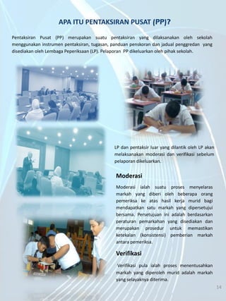 5/7/2014 14
Pentaksiran Pusat (PP) merupakan suatu pentaksiran yang dilaksanakan oleh sekolah
menggunakan instrumen pentaksiran, tugasan, panduan penskoran dan jadual penggredan yang
disediakan oleh Lembaga Peperiksaan (LP). Pelaporan PP dikeluarkan oleh pihak sekolah.
LP dan pentaksir luar yang dilantik oleh LP akan
melaksanakan moderasi dan verifikasi sebelum
pelaporan dikeluarkan.
Moderasi
Moderasi ialah suatu proses menyelaras
markah yang diberi oleh beberapa orang
pemeriksa ke atas hasil kerja murid bagi
mendapatkan satu markah yang dipersetujui
bersama. Persetujuan ini adalah berdasarkan
peraturan pemarkahan yang disediakan dan
merupakan prosedur untuk memastikan
ketekalan (konsistensi) pemberian markah
antara pemeriksa.
Verifikasi
Verifikasi pula ialah proses menentusahkan
markah yang diperoleh murid adalah markah
yang selayaknya diterima.
14
 