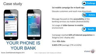 1st mobile campaign for m-bank app
Educate customers and reach max downloads
Message focused on the accessibility of the
banking services via mobile (Android &iOS)
1st usage of slider banner in mobile
environment
Campaign reached 62% of internet population in
Bulgaria (incl. display ads)
Over 45k clicks
0.83% CTR (average CTR is 0.42%)
Challenge
Results
Actions
YOUR PHONE IS
YOUR BANK
Source: ZenithOptimedia Bulgaria 2014
Case study
© 2014. All rights reserved. VivaKi. Proprietary and Confidential.
 