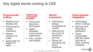 Programmatic
trading
Addresing
consumer
mobility
Search
importance
Cross-channel
integration
Key digital trends coming to CEE
 Consumer
becomes
Participant
 Agyle,
sharable,
cross-screen
experience
 Ads, content
and search
 Starting from
display ads
 Promising for
mobile
marketers
 Hidden
treasure for
video
 Applicable for
digital TV,
radio, ….
 Information
always
accessible on
mobile
 Relevant at
any point of
consumer
journey
 Works for
branding and
direct
response
 Technology
driven change
 Starting from
interactive
attribution
 Close
cooperation
with the Client
(access to
data, tracking
enabled)
© 2014. All rights reserved. VivaKi. Proprietary and Confidential.
 