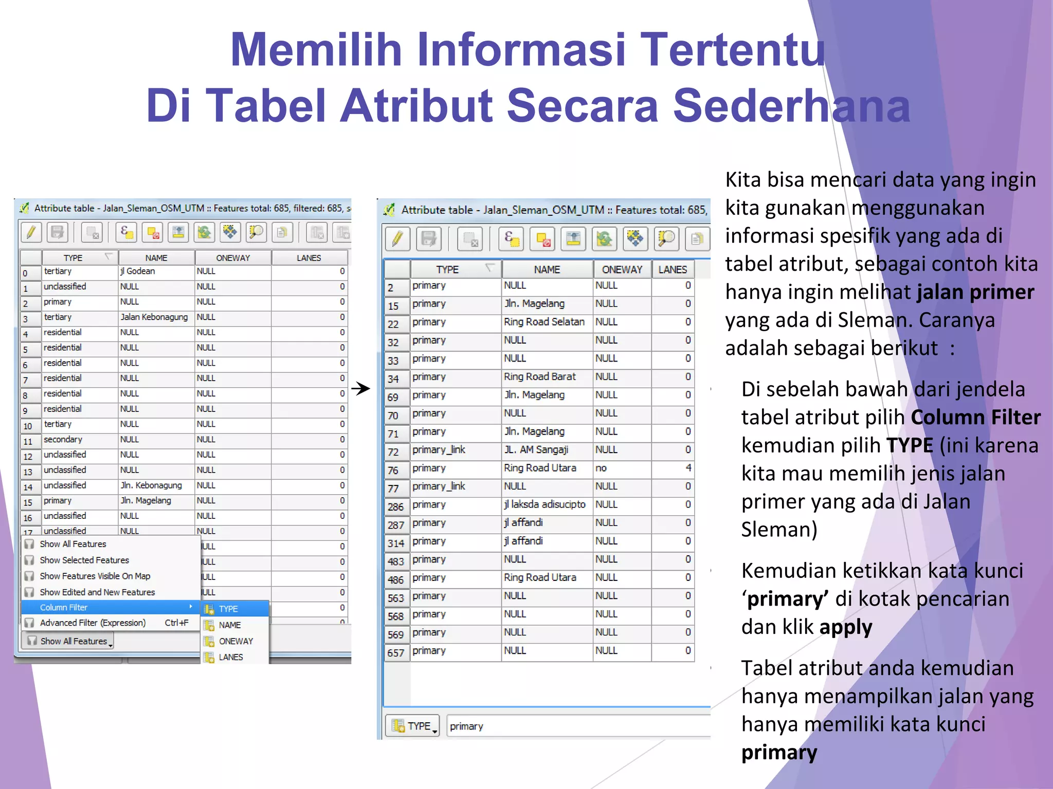 Memilih Informasi Tertentu 
Di Tabel Atribut Secara Sederhana 
Kita bisa mencari data yang ingin 
kita gunakan menggunakan 
informasi spesifik yang ada di 
tabel atribut, sebagai contoh kita 
hanya ingin melihat jalan primer 
yang ada di Sleman. Caranya 
adalah sebagai berikut : 
• Di sebelah bawah dari jendela 
tabel atribut pilih Column Filter 
kemudian pilih TYPE (ini karena 
kita mau memilih jenis jalan 
primer yang ada di Jalan 
Sleman) 
• Kemudian ketikkan kata kunci 
‘primary’ di kotak pencarian 
dan klik apply 
• Tabel atribut anda kemudian 
hanya menampilkan jalan yang 
hanya memiliki kata kunci 
primary 
 