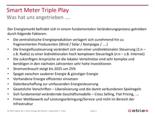 Smart Meter Triple Play 
Was hat uns angetrieben …. 
Der Energiemarkt befindet sich in einem fundamentalen Veränderungsprozess getrieben 
durch folgende Faktoren: 
• Die zentralistische Energieproduktion verlagert sich zunehmend hin zu 
fragmentierten Produzenten (Wind / Solar / Kompogas / ....) 
• Die Energieflussteuerung verändert sich von einer unidirektionalen Steuerung (1:n – 
z.B. Radio) zu einer bidirektionalen hoch komplexen Steuerlogik (n:n – z.B. Internet) 
• Die zukünftigen Ansprüche an die lokalen Verteilnetze sind sehr komplex und 
benötigen in den nächsten Jahrzenten sehr hohe Investitionen 
• Stromverbrauch steigt bis 2025 um 25% 
• Spagat zwischen sauberer Energie & günstiger Energie 
• Vorhandene Energie effizienter einsetzen 
• Datenbeschaffung zur umfassenden Energiesteuerung 
• Gesetzliche Vorschriften – Liberalisierung und die damit verbundenen Spielregeln 
• Sich fundamental verändernde Geschäftsmodelle – Cross Selling, Flat Pricing, .... 
• Freier Wettbewerb auf Leistungserbringung/Service und nicht im Bereich der 
Infrastruktur 
© 2014 cablex AG | Smart Energy 4th Edition | September 5. 2014 Seite 3 
 