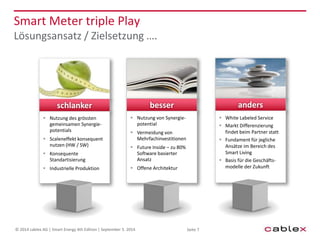 Smart Meter triple Play 
Lösungsansatz / Zielsetzung …. 
Seite 7 
anders 
 White Labeled Service 
 Markt Differenzierung 
findet beim Partner statt 
 Fundament für jegliche 
Ansätze im Bereich des 
Smart Living 
 Basis für die Geschäfts-modelle 
der Zukunft 
besser 
 Nutzung von Synergie-potential 
 Vermeidung von 
Mehrfachinvestitionen 
 Future Inside – zu 80% 
Software basierter 
Ansatz 
 Offene Architektur 
schlanker 
 Nutzung des grössten 
gemeinsamen Synergie-potentials 
 Scaleneffekt konsequent 
nutzen (HW / SW) 
 Konsequente 
Standartisierung 
 Industrielle Produktion 
© 2014 cablex AG | Smart Energy 4th Edition | September 5. 2014 
 