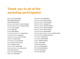 Thank you to all of the 
workshop participants! 
BAV Consulting Chip Walker 
BBMG Raphael Bemporad 
BBMG Briana Quindazzi 
Buzzback Market Research Carol Fitzgerald 
Buzzback Market Research Tatiana Gormley 
Coca-Cola Tom LaForge 
Domtar Paige Goff 
Domtar Kathy Wholley 
For Impact Productions LLC Simone Pero 
Free Range Studios Jonah Sachs 
GlobeScan Incorporated Chris Coulter 
GOOD Corps Yasmin Fodil 
Havas Media Group Rori Duboff 
Havas Worldwide Erin Schrode 
Ignition Thatcher Young 
Kruger Porducts Steven Sage 
Meaningful Brands, Havas Amy du Pon 
Motive Katie Harrison 
Ogilvy Earth Jessica McHugh 
Ogilvy Earth Tony Morain 
PIPs Rewards Liza Haffenberg 
Rainforest Alliance David Chrystal 
Rainforest Alliance Carol Goodstein 
Rainforest Alliance Jungwon Kim 
Rainforest Alliance Ana Paula Tavares 
Rainforest Alliance Sabrina Vigilante 
Rainforest Alliance Kristen Vissers 
Rainforest Alliance Tensie Whelan 
Rainforest Alliance Board of Directors Wendy Gordon 
Sustainable Brands KoAnn Skrzyniarz 
The Guardian Jennifer Kho 
The Guardian Charlie Wilkie 
Unilever Jonathan Atwood 
Unilever Jeremy Shen 
VIEW Kevin M. Downey 
Virgin Unite Diane Osgood 
WeFirst Simon Mainwaring 
WiT Media Kristen Earls 
WiT Media Clint White 

