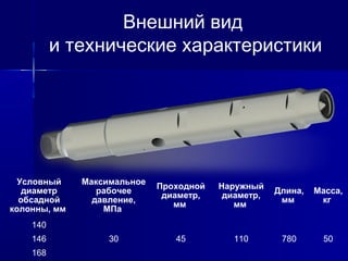 Внешний вид 
и технические характеристики 
Условный 
диаметр 
обсадной 
колонны, мм 
Максимальное 
рабочее 
давление, 
МПа 
Проходной 
диаметр, 
мм 
Наружный 
диаметр, 
мм 
Длина, 
мм 
Масса, 
кг 
140 
146 30 45 110 780 50 
168 
 