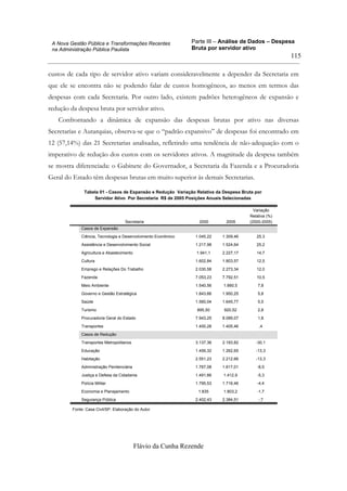 Parte III – Análise de Dados – Despesa
Bruta por servidor ativo
Flávio da Cunha Rezende
115
A Nova Gestão Pública e Transformações Recentes
na Administração Pública Paulista
custos de cada tipo de servidor ativo variam consideravelmente a depender da Secretaria em
que ele se encontra não se podendo falar de custos homogêneos, ao menos em termos das
despesas com cada Secretaria. Por outro lado, existem padrões heterogêneos de expansão e
redução da despesa bruta por servidor ativo.
Confrontando a dinâmica de expansão das despesas brutas por ativo nas diversas
Secretarias e Autarquias, observa-se que o “padrão expansivo” de despesas foi encontrado em
12 (57,14%) das 21 Secretarias analisadas, refletindo uma tendência de não-adequação com o
imperativo de redução dos custos com os servidores ativos. A magnitude da despesa também
se mostra diferenciada: o Gabinete do Governador, a Secretaria da Fazenda e a Procuradoria
Geral do Estado têm despesas brutas em muito superior às demais Secretarias.
Tabela 01 - Casos de Expansão e Redução Variação Relativa da Despesa Bruta por
Servidor Ativo Por Secretaria R$ de 2005 Posições Anuais Selecionadas
Casos de Expansão
Ciência, Tecnologia e Desenvolvimento Econômico 1.045,22 1.309,46 25,3
Assistência e Desenvolvimento Social 1.217,98 1.524,64 25,2
Agricultura e Abastecimento 1.941,1 2.227,17 14,7
Cultura 1.602,84 1.803,57 12,5
Emprego e Relações Do Trabalho 2.030,58 2.273,34 12,0
Fazenda 7.053,23 7.792,51 10,5
Meio Ambiente 1.540,56 1.660,5 7,8
Governo e Gestão Estratégica 1.843,66 1.950,25 5,8
Saúde 1.560,04 1.645,77 5,5
Turismo 895,50 920,52 2,8
Procuradoria Geral do Estado 7.943,25 8.089,07 1,8
Transportes 1.400,28 1.405,46 ,4
Casos de Redução
Transportes Metropolitanos 3.137,36 2.193,82 -30,1
Educação 1.456,32 1.262,65 -13,3
Habitação 2.551,23 2.212,66 -13,3
Administração Penitenciária 1.767,08 1.617,01 -8,5
Justiça e Defesa da Cidadania 1.491,66 1.412,9 -5,3
Polícia Militar 1.795,53 1.716,46 -4,4
Economia e Planejamento 1.835 1.803,2 -1,7
Segurança Pública 2.402,43 2.384,51 -,7
Secretaria 2000 2005
Variação
Relativa (%)
(2000-2005)
Fonte: Casa Civil/SP. Elaboração do Autor
 