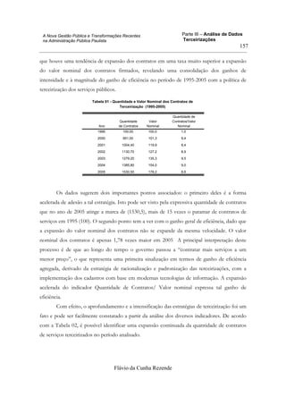Parte III – Análise de Dados
Terceirizações
Flávio da Cunha Rezende
157
A Nova Gestão Pública e Transformações Recentes
na Administração Pública Paulista
que houve uma tendência de expansão dos contratos em uma taxa muito superior a expansão
do valor nominal dos contratos firmados, revelando uma consolidação dos ganhos de
intensidade e à magnitude do ganho de eficiência no período de 1995-2005 com a política de
terceirização dos serviços públicos.
Tabela 01 - Quantidade e Valor Nominal dos Contratos de
Terceirização (1995-2005)
1995 100,00 100,0 1,0
2000 951,00 101,3 9,4
2001 1004,40 119,9 8,4
2002 1130,70 127,2 8,9
2003 1279,20 135,3 9,5
2004 1385,80 154,0 9,0
2005 1530,50 178,2 8,6
Ano
Quantidade
de Contratos
Valor
Nominal
Quantidade de
Contratos/Valor
Nominal
Os dados sugerem dois importantes pontos associados: o primeiro deles é a forma
acelerada de adesão a tal estratégia. Isto pode ser visto pela expressiva quantidade de contratos
que no ano de 2005 atinge a marca de (1530,5), mais de 15 vezes o patamar de contratos de
serviços em 1995 (100). O segundo ponto tem a ver com o ganho geral de eficiência, dado que
a expansão do valor nominal dos contratos não se expande da mesma velocidade. O valor
nominal dos contratos é apenas 1,78 vezes maior em 2005 A principal interpretação deste
processo é de que ao longo do tempo o governo passou a “contratar mais serviços a um
menor preço”, o que representa uma primeira sinalização em termos de ganho de eficiência
agregada, derivado da estratégia de racionalização e padronização das terceirizações, com a
implementação dos cadastros com base em modernas tecnologias de informação. A expansão
acelerada do indicador Quantidade de Contratos/ Valor nominal expressa tal ganho de
eficiência.
Com efeito, o aprofundamento e a intensificação das estratégias de terceirização foi um
fato e pode ser facilmente constatado a partir da análise dos diversos indicadores. De acordo
com a Tabela 02, é possível identificar uma expansão continuada da quantidade de contratos
de serviços terceirizados no período analisado.
 