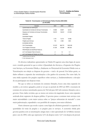 Parte III – Análise de Dados
Terceirizações
Flávio da Cunha Rezende
158
A Nova Gestão Pública e Transformações Recentes
na Administração Pública Paulista
Tabela 02 - Terceirizações na Administração Pública Paulista (2003-2005)
(em R$ 2005)
QUANTIDADE DE SERVIÇOS
Quantidade de Contratos de Serviços Terceirizados * 35.868 38.857 42.914
Despesa com Contratos de Serviços Terceirizados 182.091 192.621 210.940
PREGÕES
Quantidade Pregões
Total de Pregões 4.181 13.214 16.966
Pregões para Serviços 704 2.468 3543
ECONOMIA OBTIDA
Com Terceirizações 191.507 984.774 1.883.395
Com Pregões de Serviços 81.248 192.288 988.348
PROPORÇÃO DA DESPESA PÚBLICA
em % da Despesa Total do Governo ,3 1,4 3,1
em % da Despesa de Pessoal com Ativos ,5 1,1 5,4
Indicador 2003 2004 2005
posição de janeiro de cada ano*.
Fonte: Elaboração do Autora.
Os diversos indicadores apresentados na Tabela 02 sugerem uma clara lógica de ajuste
com o modelo gerencial no que se refere à Quantidade dos Serviços, a Expansão dos Pregões
com Serviços, na Economia Obtida, e, finalmente no Percentual da Economia Obtida com as
Terceirizações em relação as despesas do governo – total e de pessoal. Em linhas gerais, os
dados refletem a expansão das terceirizações e dos ganhos de economia. Por outro lado, há
uma nítida expansão dos pregões específicos sobre serviços, e, fundamentalmente a elevação
da sua participação nas despesas totais.
No que se refere ao montante de contratos firmados, houve uma clara expansão do
modelo e, em termos agregados, pode-se ver que no período de 2003 até 2005 o montante de
contratos de serviços terceirizados passou de 35,8 mil para 42,9 mil contratos firmados com o
governo. Estes dados revelam, que ao menos em termos da magnitude, houve uma expansão
acelerada deste segmento da despesa pública. O governo passa a contratar mais serviços com
maior racionalidade e com maior certeza sobre os “preços referenciais de mercado” e com
maior padronização, expandindo o seu portifólio de compras, com maior eficiência.
Outro elemento que revela o ajuste a uma lógica de eficiência gerencial é a expansão da
quantidades de totais de pregões e os pregões para os serviços. A economia obtida pelo
governo paulista com as terceirizações atingiu iram o valor aproximado de 1,8 bilhões mensais
para o ano de 2005, valor que representa 3,1% da despesa total e 5,4 % da despesa de pessoal.
 