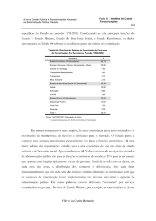 Parte III – Análise de Dados
Terceirizações
Flávio da Cunha Rezende
161
A Nova Gestão Pública e Transformações Recentes
na Administração Pública Paulista
específicas do Estado no período 1995-2005. Considerando as três principais funções do
Estado – Estado Mínimo, Estado de Bem-Estar Social, e Estado Econômico, os dados
apresentados na Tabela 04 refletem as tendências gerais da política de terceirização.
Tabela 04 - Distribuição Relativa da Quantidade de Contratos
de Terceirizações Por Secretaria e Função (1995-2005)
Estado Econômico (05 Secretarias) 43,70
Energia, Recursos Hídricos, Saneamento e Obras 27,00
Ciência e Tecnologia 7,00
Transportes Metropolitanos 3,90
Transportes 3,10
Meio Ambiente 2,70
Estado de Bem-Estar Social (03 Secretarias) 25,90
Saúde 12,80
Educação 9,20
Cultura 3,90
Estado Mínimo (03 Secretarias) 20,80
Segurança Pública 10,00
Casa Civil 7,20
Fazenda 3,70
Total * 90,40
Secretaria %
Fonte: CADTERC/SP. Elaboração do Autor
correspondente ao grupo com 90,4% dos Contratos de Terceirização*.
Em termos comparativos mais amplos, há uma consistência entre estes resultados e o
movimento de transferência de funções e atividades para o mercado. O Estado passa a
comprar mais serviços terceirizados especialmente nas áreas e funções econômicas. Há uma
maior adesão das organizações voltadas para a área econômica do que nas áreas de estado
mínimo e de bem-estar social. Aproximadamente 44 % dos contratos de serviços terceirizados
da administração pública são para as funções econômicas do estado, e 25% para as secretarias
que operam com funções tipicamente sociais do governo. Ainda de acordo com os dados, em
cada uma das áreas, a distribuição dos contratos é diferenciada. Isto quer dizer
fundamentalmente que em cada uma das funções existem diferenças na intensidade com que
os contratos de terceirização foram implementados nas diversas secretarias e agências da
administração pública. Em outras palavras, existem diferentes “demandas” por serviços
terceirizados no governo. Na área de Estado Mínimo, por exemplo, as terceirizações se deram
 