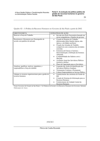 Parte II - A evolução da política pública de
gestão de recursos humanos no governo
de São Paulo
Flávio da Cunha Rezende
20
A Nova Gestão Pública e Transformações Recentes
na Administração Pública Paulista
Quadro 02 – A Política de Recursos Humanos no Governo de São Paulo a partir de 2002
OBJETIVO/META ESTRATÉGIA DE AÇÃO
Renovar a Força de Trabalho • Revisão dos Perfis Necessários baseado nas
novas competências e funções do governo
Reestruturar e Remunerar por Desempenho de
acordo com padrões de mercado
• Fixação de Regimes de Trabalho
diferenciados pelas funções típicas, não-
típicas, e atividades auxiliares
• Fixação das Jornadas de Trabalho
compatíveis com a natureza das atividades
exercidas
• Estruturas de Classes e Carreiras –
Horizontalização e Definição da Estrutura
Adequada
• Compatibilidade dos Salários com o
Mercado
• Avaliação Anual dos Servidores Públicos
(inclusive chefias)
• Plano de Capacitação para os Servidores
Atualizar, qualificar, motivar, empoderar, e
responsabilizar a força de trabalho
• Expansão das Ações de Qualificação dos
Servidores Públicos Estaduais
• Treinamento Contínuo e Permanente
• Cultura Empreendedora no Serviço Público
Adequar os recursos organizacionais para a gestão de
recursos humanos
• Fortalecimento das estruturas de Gestão de
RH
• Criação de Sistemas de Informação para os
Recursos Humanos
• Fortalecimento da Unidade Central de
Recursos Humanos
Fonte: Governo do Estado de São Paulo – As Políticas de Gestão e de Recursos Humanos do Governo Alckmin.
Elaboração do Autor.
ANEXO
 