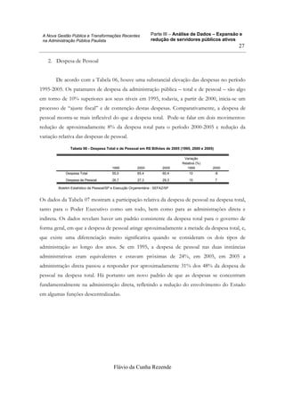 Parte III – Análise de Dados – Expansão e
redução de servidores públicos ativos
Flávio da Cunha Rezende
27
A Nova Gestão Pública e Transformações Recentes
na Administração Pública Paulista
2. Despesa de Pessoal
De acordo com a Tabela 06, houve uma substancial elevação das despesas no período
1995-2005. Os patamares de despesa da administração pública – total e de pessoal – são algo
em torno de 10% superiores aos seus níveis em 1995, todavia, a partir de 2000, inicia-se um
processo de “ajuste fiscal” e de contenção destas despesas. Comparativamente, a despesa de
pessoal mostra-se mais inflexível do que a despesa total. Pode-se falar em dois movimentos:
redução de aproximadamente 8% da despesa total para o período 2000-2005 e redução da
variação relativa das despesas de pessoal.
Tabela 06 - Despesa Total e de Pessoal em R$ Bilhões de 2005 (1995, 2000 e 2005)
Despesa Total 55,0 65,4 60,4 10 -8
Despesa de Pessoal 26,7 27,3 29,3 10 7
1995 2000 2005
Variação
Relativa (%)
1995 2000
Boletim Estatístico de Pessoal/SP e Execução Orçamentária - SEFAZ/SP
Os dados da Tabela 07 mostram a participação relativa da despesa de pessoal na despesa total,
tanto para o Poder Executivo como um todo, bem como para as administrações direta e
indireta. Os dados revelam haver um padrão consistente da despesa total para o governo de
forma geral, em que a despesa de pessoal atinge aproximadamente a metade da despesa total, e,
que existe uma diferenciação muito significativa quando se consideram os dois tipos de
administração ao longo dos anos. Se em 1995, a despesa de pessoal nas duas instâncias
administrativas eram equivalentes e estavam próximas de 24%, em 2005, em 2005 a
administração direta passou a responder por aproximadamente 31% dos 48% da despesa de
pessoal na despesa total. Há portanto um novo padrão de que as despesas se concentram
fundamentalmente na administração direta, refletindo a redução do envolvimento do Estado
em algumas funções descentralizadas.
 