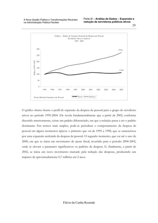 Parte III – Análise de Dados – Expansão e
redução de servidores públicos ativos
Flávio da Cunha Rezende
29
A Nova Gestão Pública e Transformações Recentes
na Administração Pública Paulista
Gráfico - Índice de Variação Nominal da Despesa de Pessoal
Servidores Ativos e Inativos
1995 - 2005
112,8
272,6
0
50
100
150
200
250
300
1995 1996 1997 1998 1999 2000 2001 2002 2003 2004 2005
Índice(1995=100)
Ativos InativosFonte: Boletim Estatístico de Pessoal
O gráfico abaixo ilustra o perfil de expansão da despesa de pessoal para o grupo de servidores
ativos no período 1995-2004. Ele revela fundamentalmente que a partir de 2002, conforme
discutido anteriormente, existe um padrão diferenciado, em que a redução passa a ser o padrão
dominante. Em termos mais amplos, pode-se periodizar o comportamento da despesa de
pessoal em alguns momentos típicos: o primeiro que vai de 1995 a 1998, que se caracterizou
por uma expansão acelerada da despesa de pessoal. O segundo momento, que vai até o ano de
2000, em que se inicia um movimento de ajuste fiscal, revertido para o período 2000-2002,
onde se elevam a patamares significativos os padrões de despesa. E, finalmente, a partir de
2002, se inicia um novo movimento marcado pela redução das despesas, produzindo um
impacto de aproximadamente 0,7 milhões em 2 anos.
 