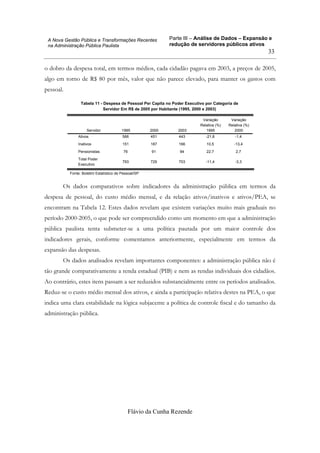 Parte III – Análise de Dados – Expansão e
redução de servidores públicos ativos
Flávio da Cunha Rezende
33
A Nova Gestão Pública e Transformações Recentes
na Administração Pública Paulista
o dobro da despesa total, em termos médios, cada cidadão pagava em 2003, a preços de 2005,
algo em torno de R$ 80 por mês, valor que não parece elevado, para manter os gastos com
pessoal.
Tabela 11 - Despesa de Pessoal Per Capita no Poder Executivo por Categoria de
Servidor Em R$ de 2005 por Habitante (1995, 2000 e 2003)
Ativos 566 451 443 -21,8 -1,4
Inativos 151 187 166 10,5 -13,4
Pensionistas 76 91 94 22,7 2,7
Total Poder
Executivo
793 729 703 -11,4 -3,3
Servidor 1995 2000 2003
Variação
Relativa (%)
1995
Variação
Relativa (%)
2000
Fonte: Boletim Estatístico de Pessoal/SP
Os dados comparativos sobre indicadores da administração pública em termos da
despesa de pessoal, do custo médio mensal, e da relação ativos/inativos e ativos/PEA, se
encontram na Tabela 12. Estes dados revelam que existem variações muito mais graduais no
período 2000-2005, o que pode ser compreendido como um momento em que a administração
pública paulista tenta submeter-se a uma política pautada por um maior controle dos
indicadores gerais, conforme comentamos anteriormente, especialmente em termos da
expansão das despesas.
Os dados analisados revelam importantes componentes: a administração pública não é
tão grande comparativamente a renda estadual (PIB) e nem as rendas individuais dos cidadãos.
Ao contrário, estes itens passam a ser reduzidos substancialmente entre os períodos analisados.
Reduz-se o custo médio mensal dos ativos, e ainda a participação relativa destes na PEA, o que
indica uma clara estabilidade na lógica subjacente a política de controle fiscal e do tamanho da
administração pública.
 
