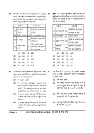 E/Page 16 SPACE FOR ROUGH WORK / ÚUÈ¤ ·¤æØü ·ð¤ çÜ° Á»ã
29. Match List - I (Electromagnetic wave type)
with List - II (Its association/application)
and select the correct option from the
choices given below the lists :
(a)
Infrared
waves
(i)
To treat muscular
strain
(b) Radio waves (ii) For broadcasting
(c) X - rays (iii)
To detect fracture
of bones
(d)
Ultraviolet
rays
(iv)
Absorbed by the
ozone layer of the
atmosphere
List - I List - II
(a) (b) (c) (d)
(1) (iv) (iii) (ii) (i)
(2) (i) (ii) (iv) (iii)
(3) (iii) (ii) (i) (iv)
(4) (i) (ii) (iii) (iv)
30. A student measured the length of a rod
and wrote it as 3.50 cm. Which instrument
did he use to measure it ?
(1) A meter scale.
(2) A vernier calliper where the
10 divisions in vernier scale matches
with 9 division in main scale and
main scale has 10 divisions in 1 cm.
(3) A screw gauge having 100 divisions
in the circular scale and pitch as
1 mm.
(4) A screw gauge having 50 divisions
in the circular scale and pitch as
1 mm.
29. âê¿è - I (çßléÌ ¿éÕ·¤èØ ÌÚ´U» Âý·¤æÚU) ·¤æð
âê¿è - II (§Ùâð âÕçhÌ/¥ÙéÂýØæðç»Ì) âð âé×ðçÜÌ
·¤èçÁØð ¥æñÚU âêç¿Øæð´ ·ð¤ Ùè¿ð çÎØð »Øð çß·¤ËÂæð´ ×ð´ âð
âãè çß·¤ËÂ ¿éçÙØðÑ
(a) ŠÄ¿Uþ± ±¿™U Õ (i)
¼Ë†Ç§ÕÌÅË½ËÕ™ œ‰Í ÌÄœÐ‰Ì±
œÕ‰ ŒÁË¦ œÕ‰ ÌÁ½Õ
(b) ¿ÕUÌ¬U½ËÕ ±¿™U Õ (ii) §âÇË¿UøË œÕ‰ ÌÁ½Õ
(c) •þÇ-Ìœ‰¿UøËÕ™ (iii)
ÈÌa½ËÕ™ œÕ‰ ŠÌS²»™  œ‰Í
§È¤Ë¾ œÕ‰ ÌÁ½Õ
(d)
§¿UËºÖ™ ¾Í
Ìœ‰¿UøËÕ™
(iv)
ÄË±ËÄ¿UøË œ‰Í ŠËÕ$¦ËÕ¾
§¿U± mË¿UË ŠÄÅËËÕÆøË
ÇÏ¤Í - I ÇÏ¤Í - II
(a) (b) (c) (d)
(1) (iv) (iii) (ii) (i)
(2) (i) (ii) (iv) (iii)
(3) (iii) (ii) (i) (iv)
(4) (i) (ii) (iii) (iv)
30. °·¤ çßlæÍèü Ùð °·¤ ÀUÇ¸ ·¤è ÜÕæ§ü ×æÂ·¤ÚU
3.50 cm çÜ¹èÐ §â·¤æð ×æÂÙð ×ð´ ©âÙð ç·¤â ©Â·¤ÚU‡æ
·¤æ ÂýØæð» ç·¤Øæ?
(1) °·¤ ×èÅUÚU S·ð¤ÜÐ
(2) °·¤ ßçÙüØÚU ·ñ¤çÜÂâü Áãæ¡ ßçÙüØÚU S·ð¤Ü ·ð¤
10 Öæ» ×éØ S·ð¤Ü ·ð¤ 9 Öæ»æð´ âð ç×ÜÌð ãñ´
¥æñÚU ×éØ S·ð¤Ü ·ð¤ 1 cm ×ð´ 10 Öæ» ãñ´Ð
(3) °·¤ S·ýê¤ »ð$Á çÁâ·ð¤ ßçÙüØÚU S·ð¤Ü ×ð´
100 Öæ» ãñ´ ¥æñÚU çÂ¿ 1 mm ãñÐ
(4) °·¤ S·ýê¤ »ð$Á çÁâ·ð¤ ßçÙüØÚU S·ð¤Ü ×ð´ 50 Öæ»
ãñ´ ¥æñÚU çÂ¿ 1 mm ãñÐ
 