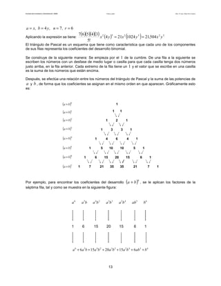 Facultad de Contaduría y Administración. UNAM Productos notables Autor: Dr. José Manuel Becerra Espinosa
13
674 ==== r,n,yb,xa
Aplicando la expresión se tiene:
( )( )( )( ) ( ) ( ) 525252
504211024214
!5
34567
yx,yxyx ==
El triángulo de Pascal es un esquema que tiene como característica que cada uno de los componentes
de sus filas representa los coeficientes del desarrollo binomial.
Se construye de la siguiente manera: Se empieza por el 1 de la cumbre. De una fila a la siguiente se
escriben los números con un desfase de medio lugar o casilla para que cada casilla tenga dos números
justo arriba, en la fila anterior. Cada extremo de la fila tiene un 1 y el valor que se escribe en una casilla
es la suma de los números que están encima.
Después, se efectúa una relación entre los números del triángulo de Pascal y la suma de las potencias de
a y b , de forma que los coeficientes se asignan en el mismo orden en que aparecen. Gráficamente esto
es:
1 1
1 12
1 1
11
3 3
4 46
1 15 510 10
1 16 615 1520
1 17 721 2135 35
( )1
ba +
( )2
ba +
( )3
ba +
( )4
ba +
( )5
ba +
( )6
ba +
( )7
ba +
1( )0
ba +
Por ejemplo, para encontrar los coeficientes del desarrollo ( )6
ba + , se le aplican los factores de la
séptima fila, tal y como se muestra en la siguiente figura:
1 6 15 20 15 6 1
6542332456
61520156 babbabababaa ++++++
6542332456
babbabababaa
 
